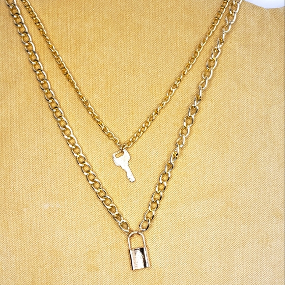 Jewelry Lock And Key Layer Necklace In Goldtone Lead And Nickel Free